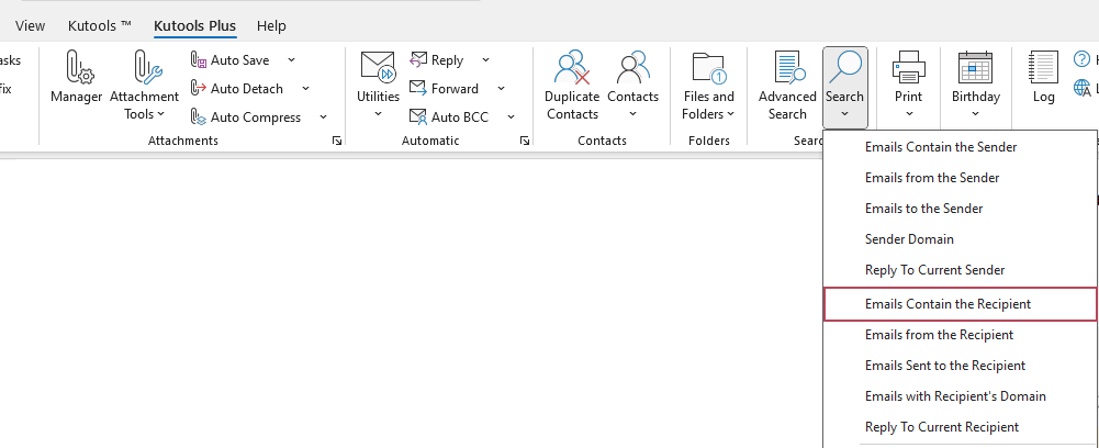 A screenshot showing the Emails Contain the Recipient option on the Kutools tab on the Ribbon
