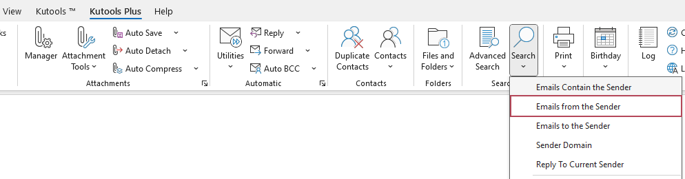 A screenshot showing the Emails from the Sender option on the Kutools tab on the Ribbon