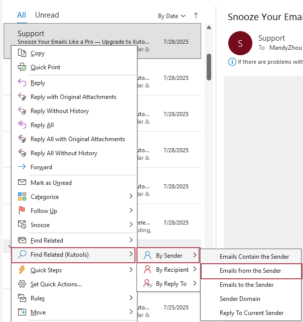 A screenshot showing the Find Related option for emails from a sender
