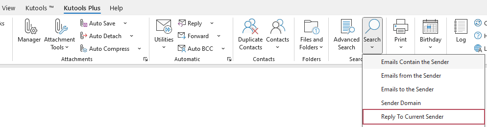 A screenshot showing the Reply To Current Sender option on the Kutools tab on the Ribbon