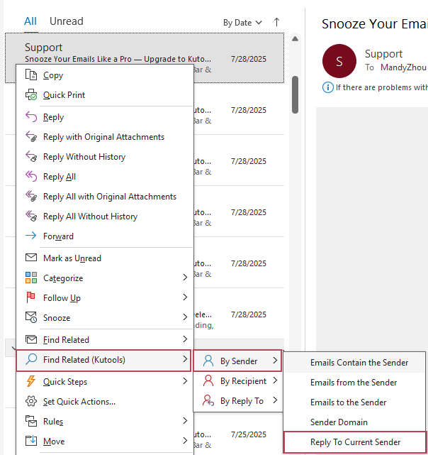 A screenshot showing the Find Related option for searching by reply-to sender