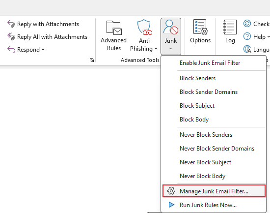 click Manage Junk Email Filter