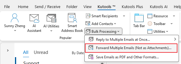 A screenshot showing the Bulk Forward option on the ribbon