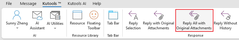 A screenshot showing the Reply All with Original Attachment option on the ribbon