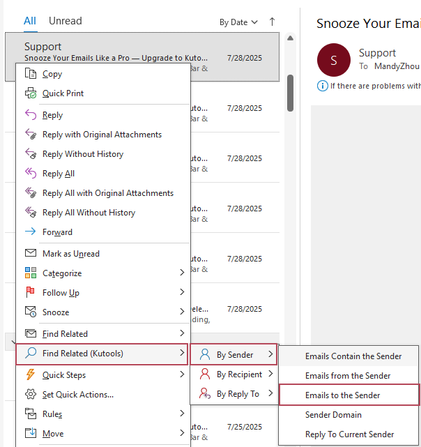 A screenshot showing the Find Related option for emails to a sender