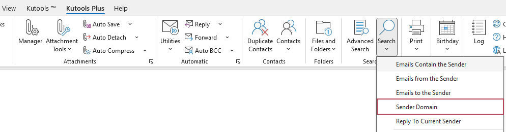 A screenshot showing the Sender Domain option on the Kutools tab on the Ribbon