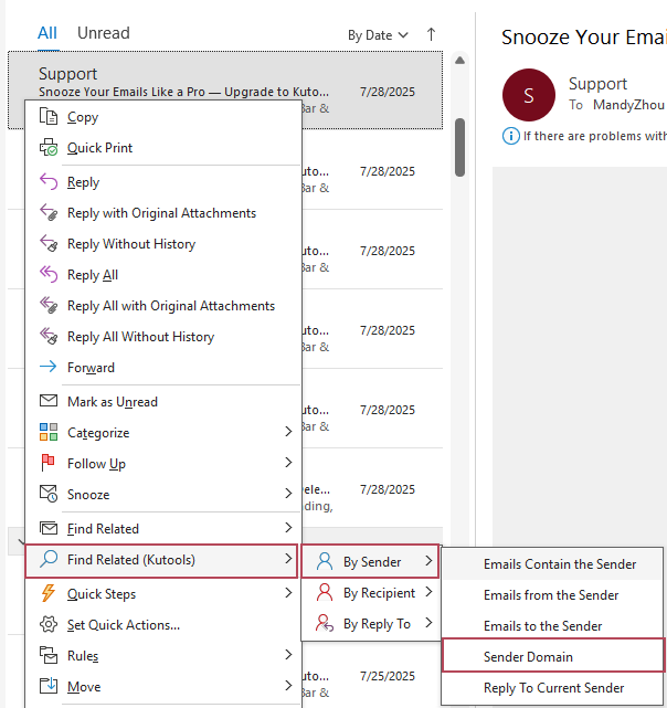 A screenshot showing the Find Related option to search by sender domain