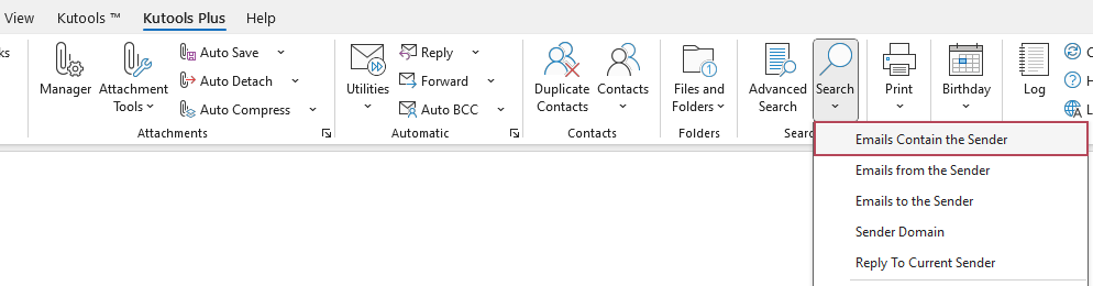 A screenshot showing the Emails Contain the Sender option on the ribbon