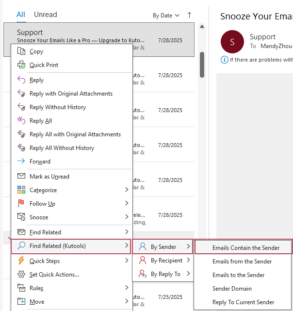 A screenshot of the context menu showing the Find Related by Sender option