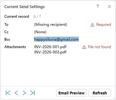 a screenshot shows the warning messages in the preview dialog