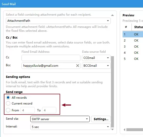 specify the sending range