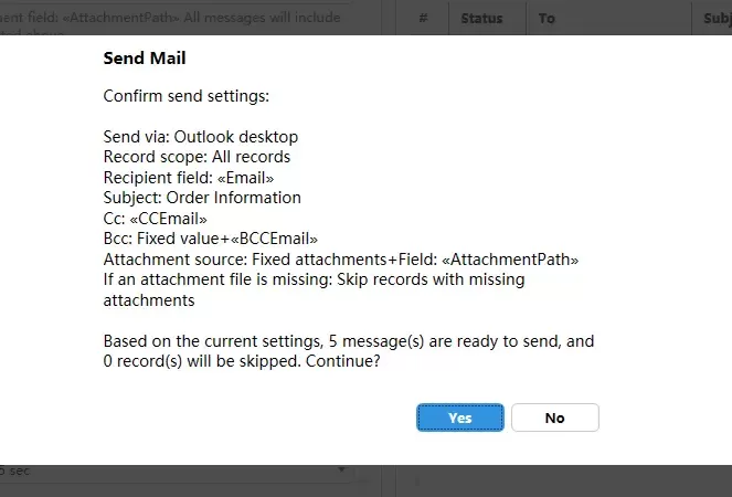 a confirmation dialog lists the current sending settings