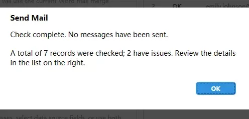 a dialog box displays the checking results