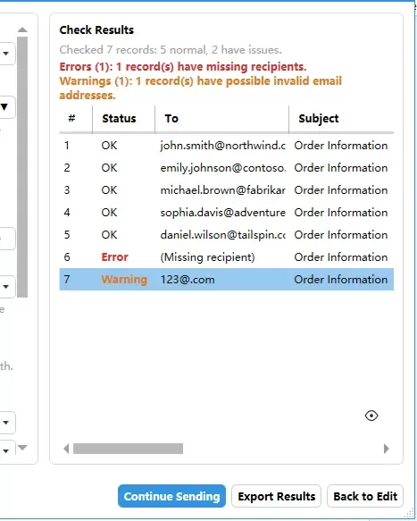 the checking result lists