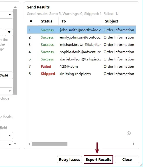 the export results button in the dialog box