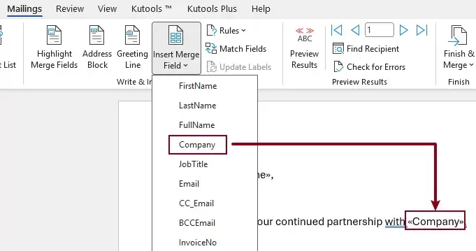 Insert mail merge field