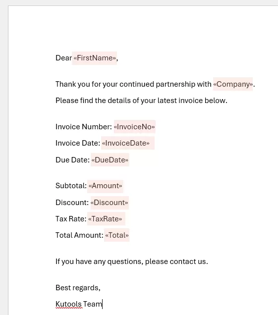 a screenshot of the complete mail merge fields