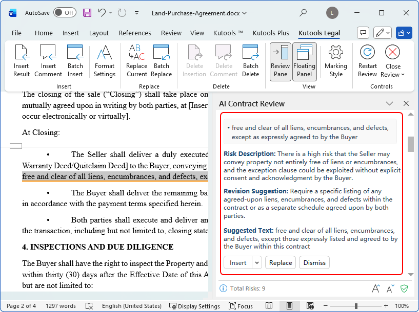 AI Contract Review pane opened from the Kutools tab in Word