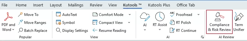 AI Contract Review option on the Kutools tab in Word