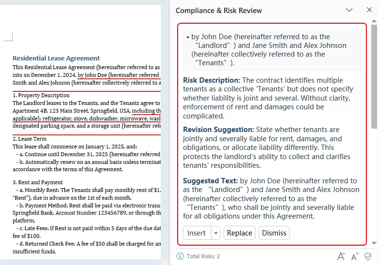 AI Contract Review pane with completed analysis