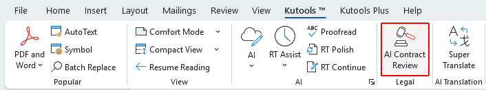 AI Contract Review option on the Kutools tab in Word