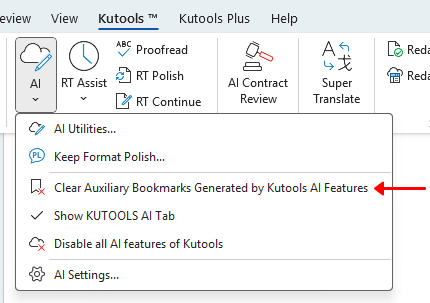 Clear Auxiliary Bookmarks Generated by Kutools AI Features option on the ribbon