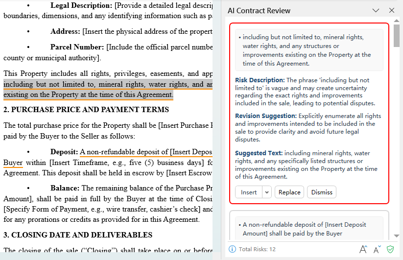 AI Contract Review pane with completed analysis