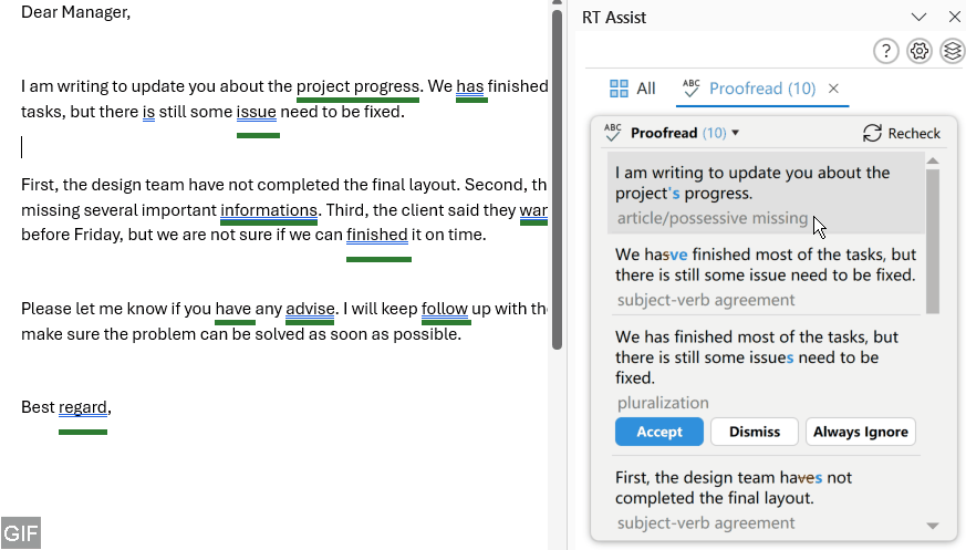 Review underlined issues and issue count