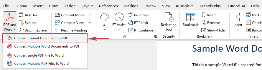 Convert Current Document to PDF of Kutools for Word