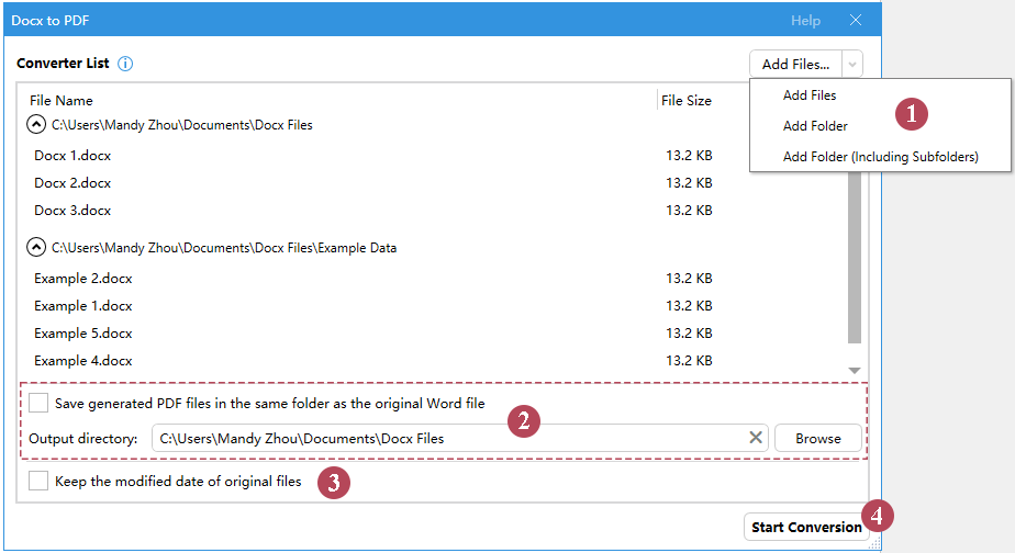 the Docx to PDF dialog