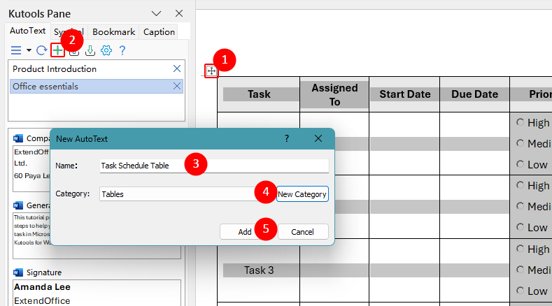 Add a new AutoText entry from selected table in the AutoText pane