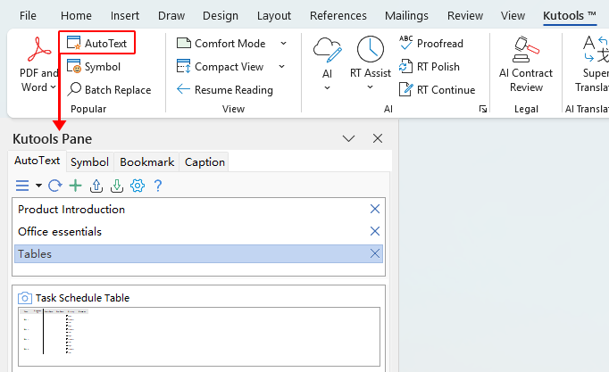 AutoText button on the Kutools tab