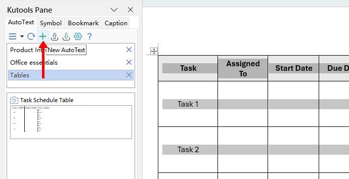 New AutoText button on the AutoText pane toolbar