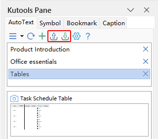 Import and Export buttons on the AutoText pane toolbar