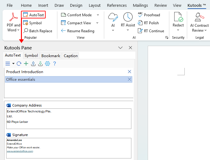 AutoText button on the Kutools tab