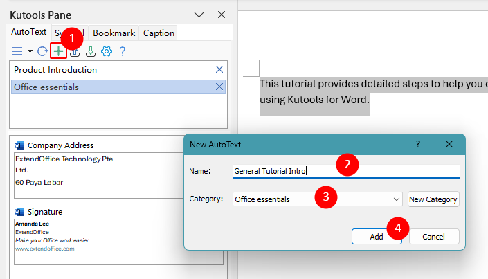 Add a new AutoText entry from selected text in the AutoText pane