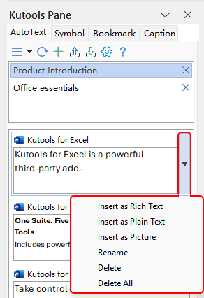 Drop-down menu next to an entry