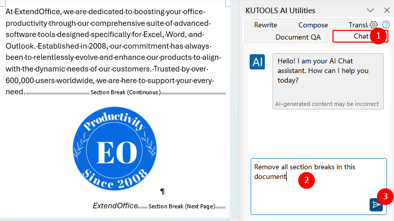 Chat tab in Kutools AI Utilities with a section break removal request typed in