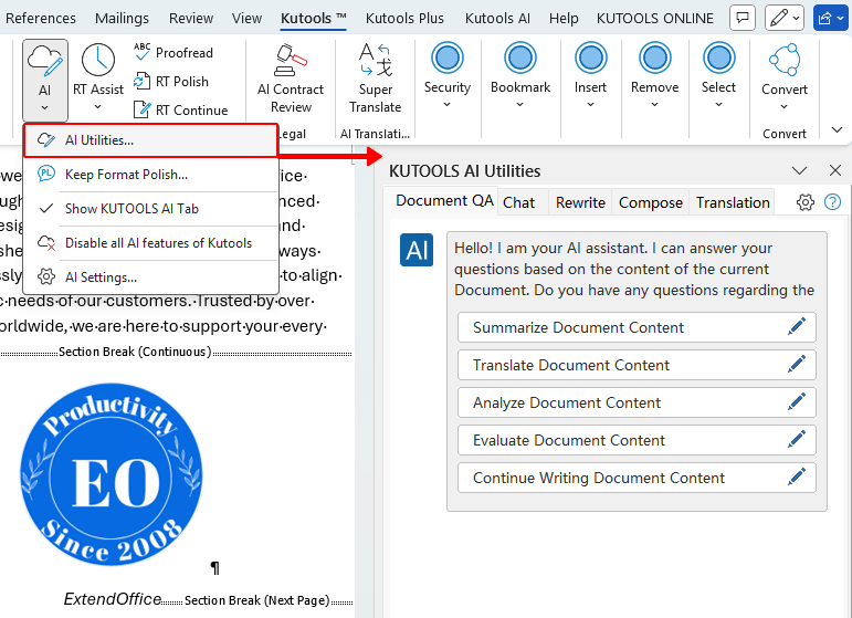 Open Kutools AI Utilities pane