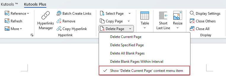 a screenshot showing the Show Delete Current Page context menu item option