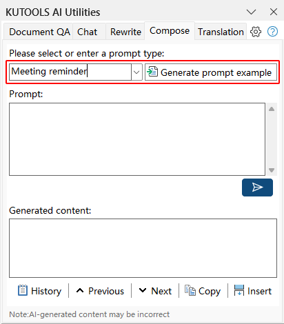 Prompt type entered in the Compose tab