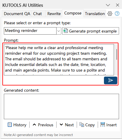 Prompt generated in the Compose tool before sending it to Kutools AI