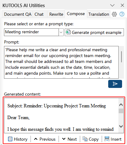 Generated content displayed in the Compose tool for review