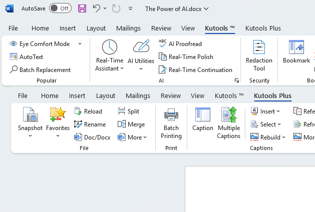 Kutools for Word tabs on the Word ribbon