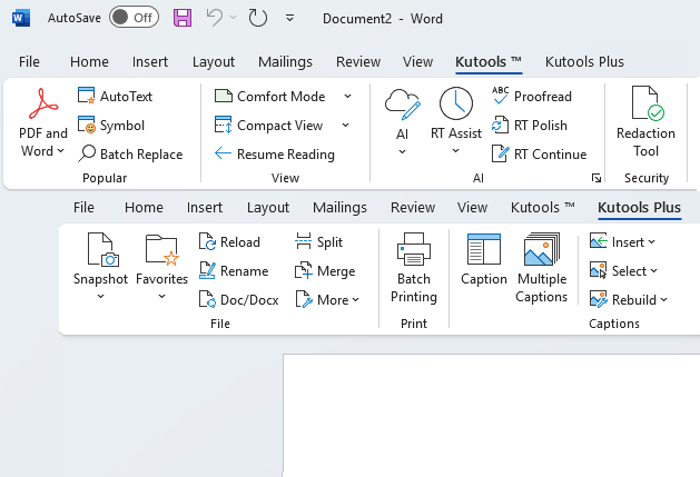 Kutools for Word tabs on the Word ribbon