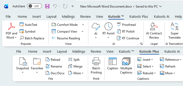 Kutools and Kutools Plus tabs on the ribbon