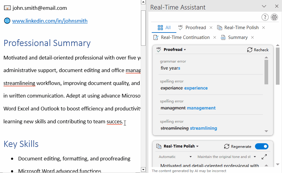 a screenshot of the Real-Time Assistant pane