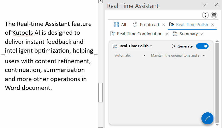 Click Kutools AI > Real-Time Assistantto go to Real-Time Assistant pane 