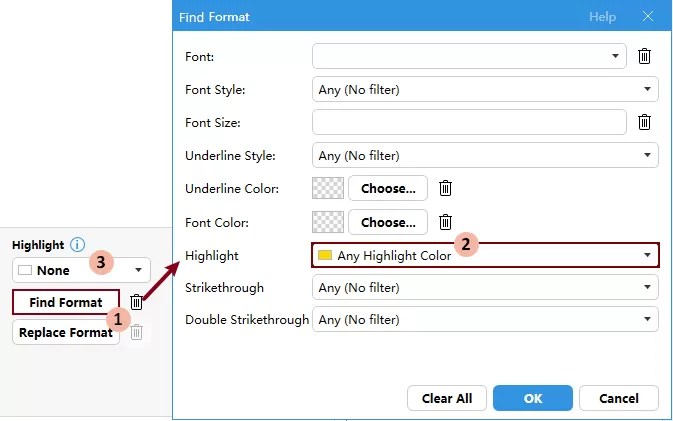 a screenshot showing how to configure the find format dialog