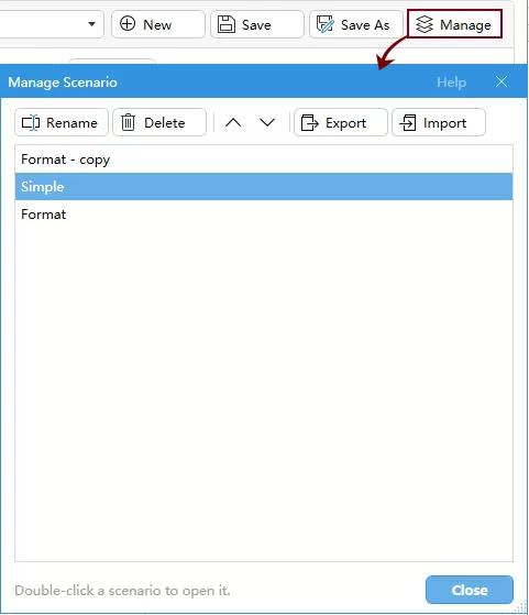 a screenshot of the manage scenario dialog